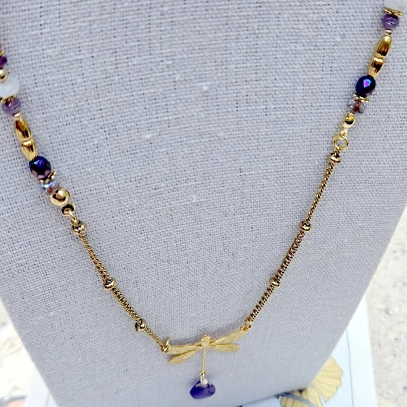 Handmade AMETHYST Gemstone DRAGONFLY Pendant Charm Necklace. 16-18" - Picture 9 of 12